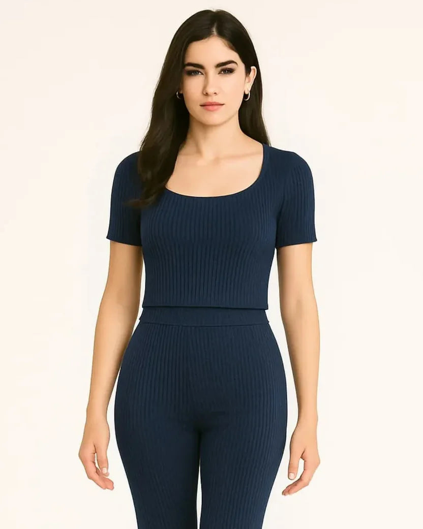 Ribbed Knit Short Sleeve Crop Top | Navy Blue Scoop Neck Tees
