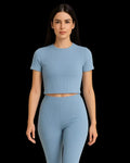Ribbed Knit Short Sleeve Crop Top | Pastel Blue Crew Neck Tee