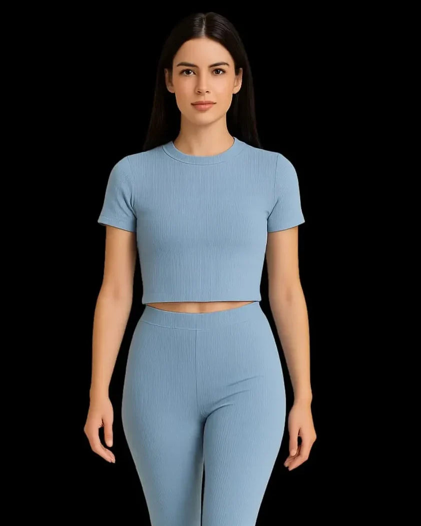 Ribbed Knit Short Sleeve Crop Top | Pastel Blue Crew Neck Tee