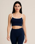 Ribbed Knit Cropped Cami Top with Contrast Piping | Navy Blue
