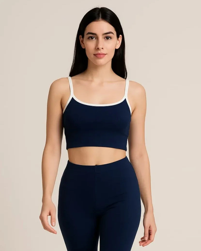 Ribbed Knit Cropped Cami Top with Contrast Piping | Navy Blue