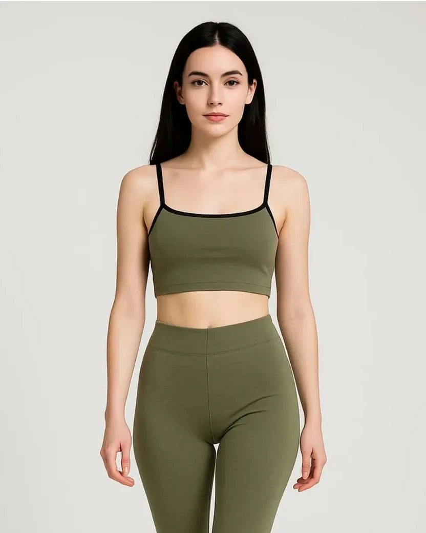 Athletic Cropped Cami Top with Black Piping | Olive Green Gym Tee