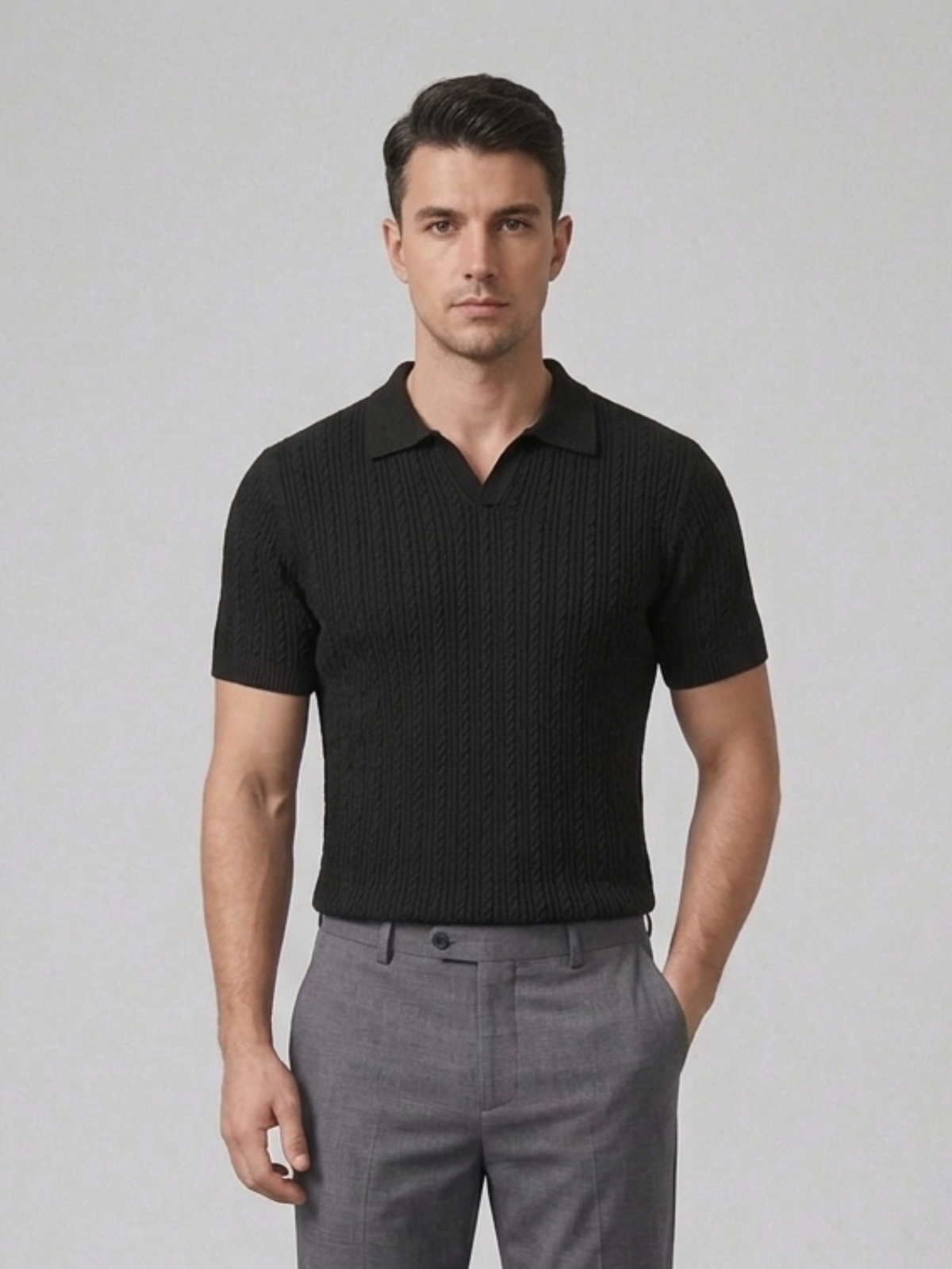 Swanah Men's Premium Textured Knit Polo Shirt - Navy Blue