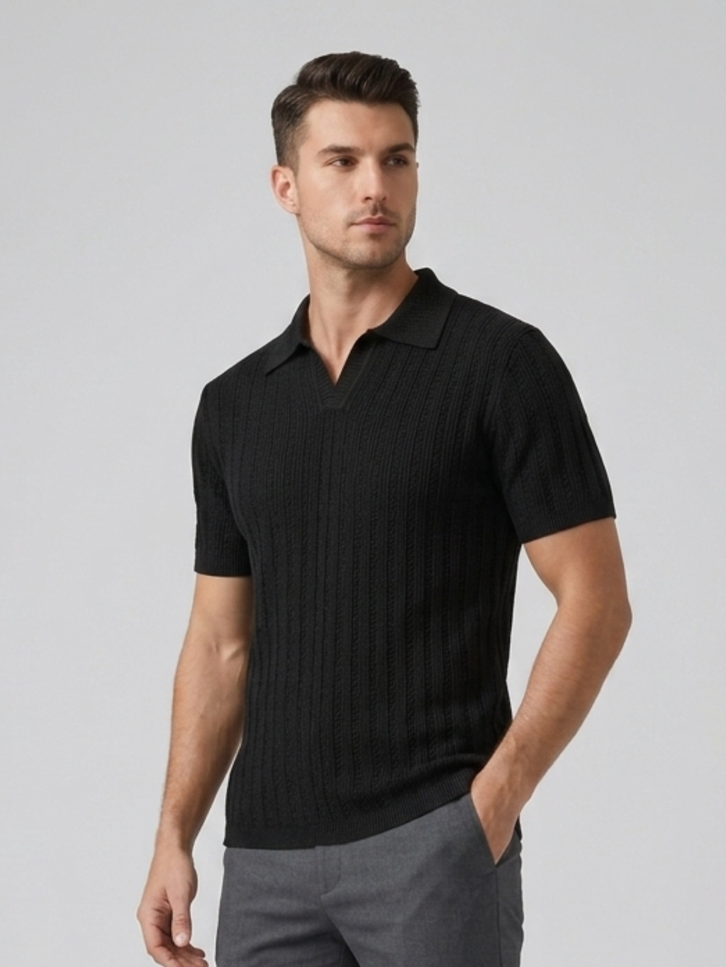 Swanah Men's Premium Textured Knit Polo Shirt - Black