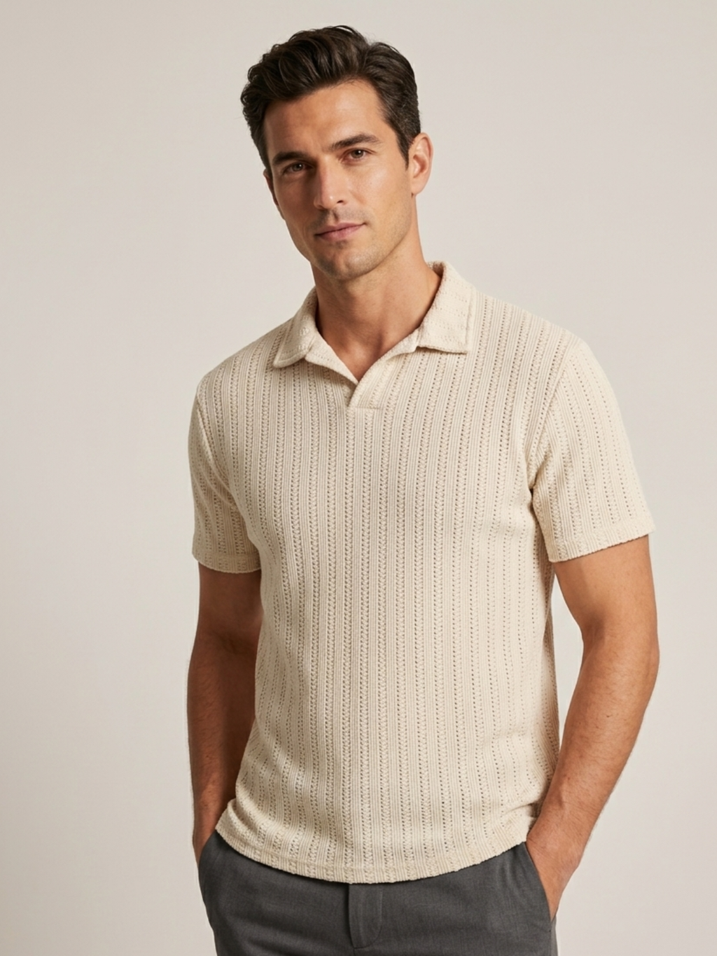 Swanah Men's Premium Textured Knit Polo Shirt - Cream Beige