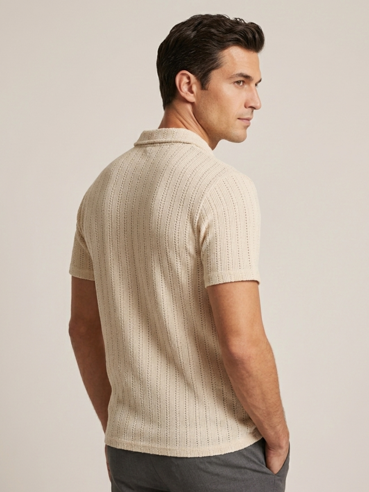 Swanah Men's Premium Textured Knit Polo Shirt - Cream Beige