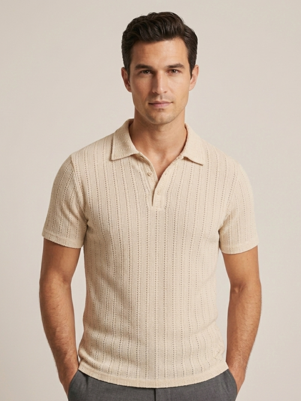 Swanah Men's Premium Textured Knit Polo Shirt - Navy Blue