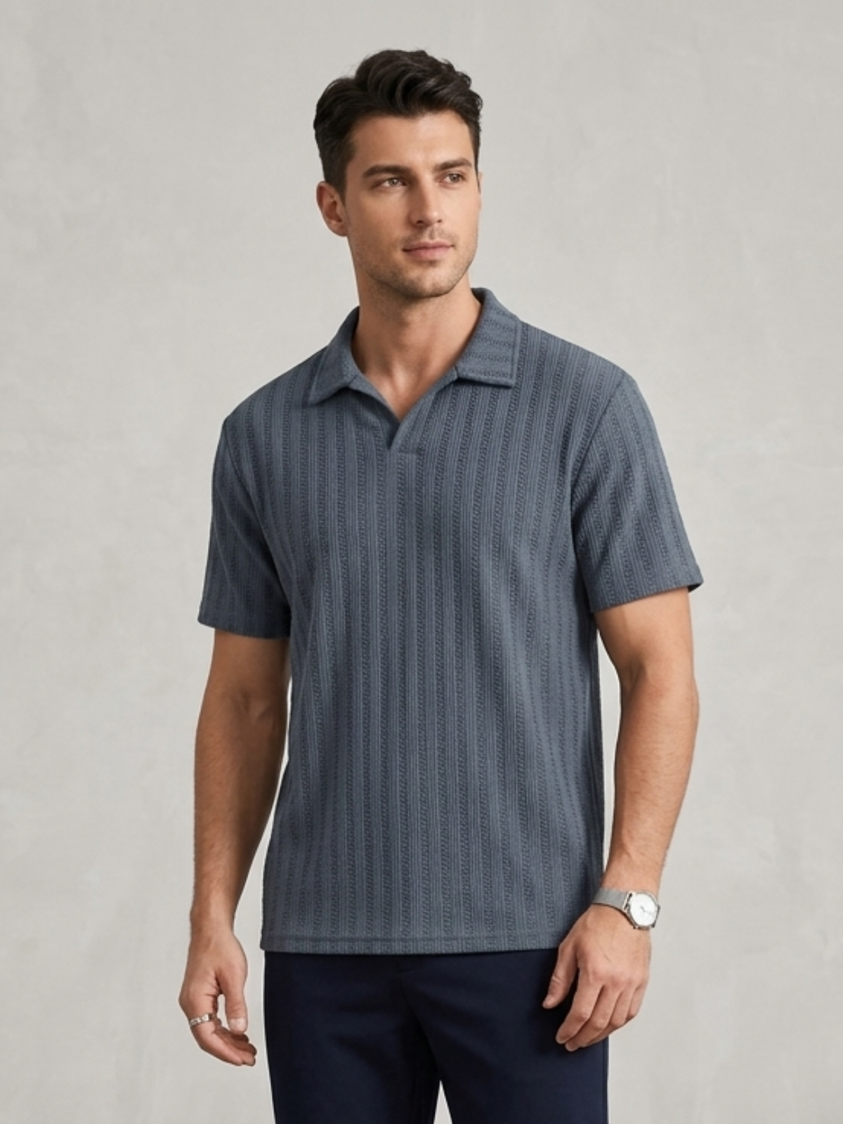 Swanah Men's Premium Textured Knit Polo Shirt - Navy Blue