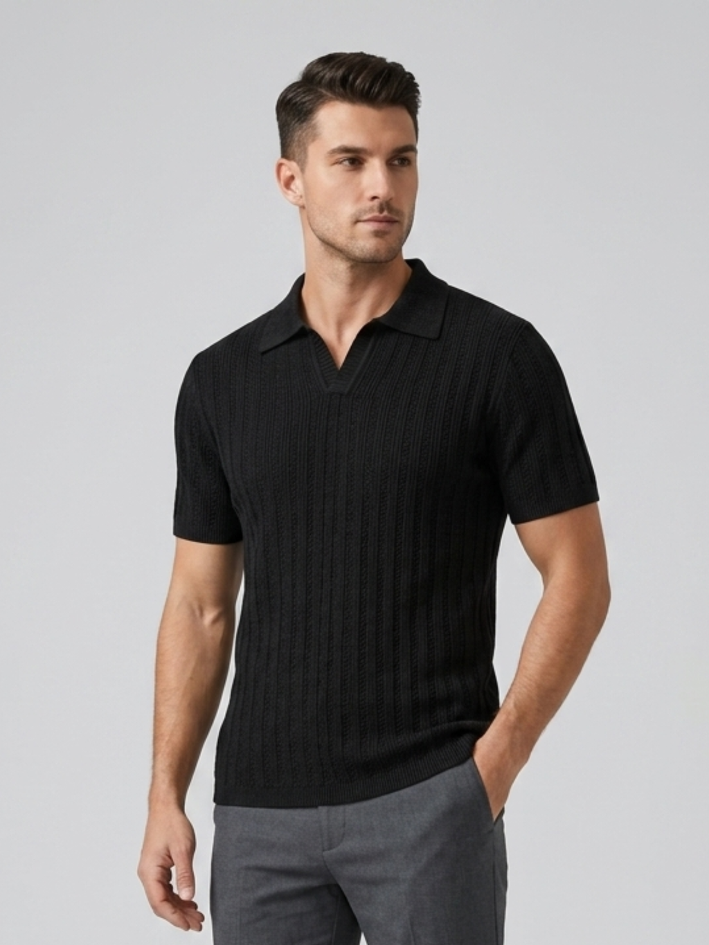 Swanah Men's Premium Textured Knit Polo Shirt - Black