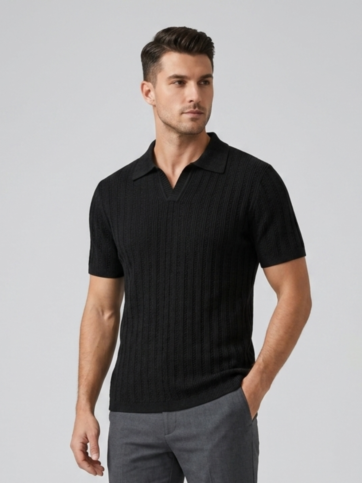 Swanah Men's Premium Textured Knit Polo Shirt - Black