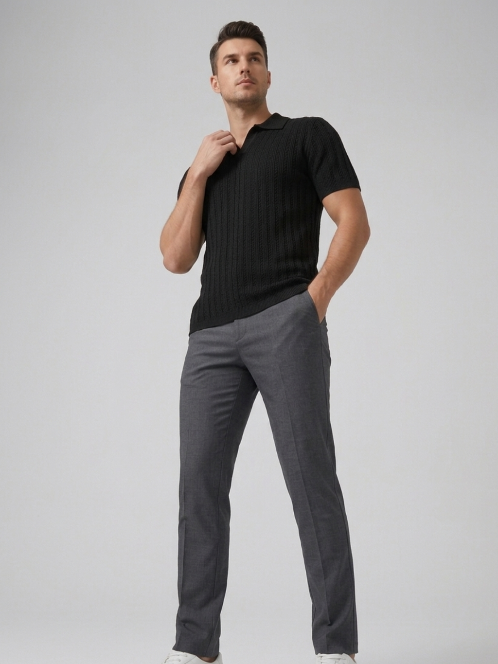 Swanah Men's Premium Textured Knit Polo Shirt - Black