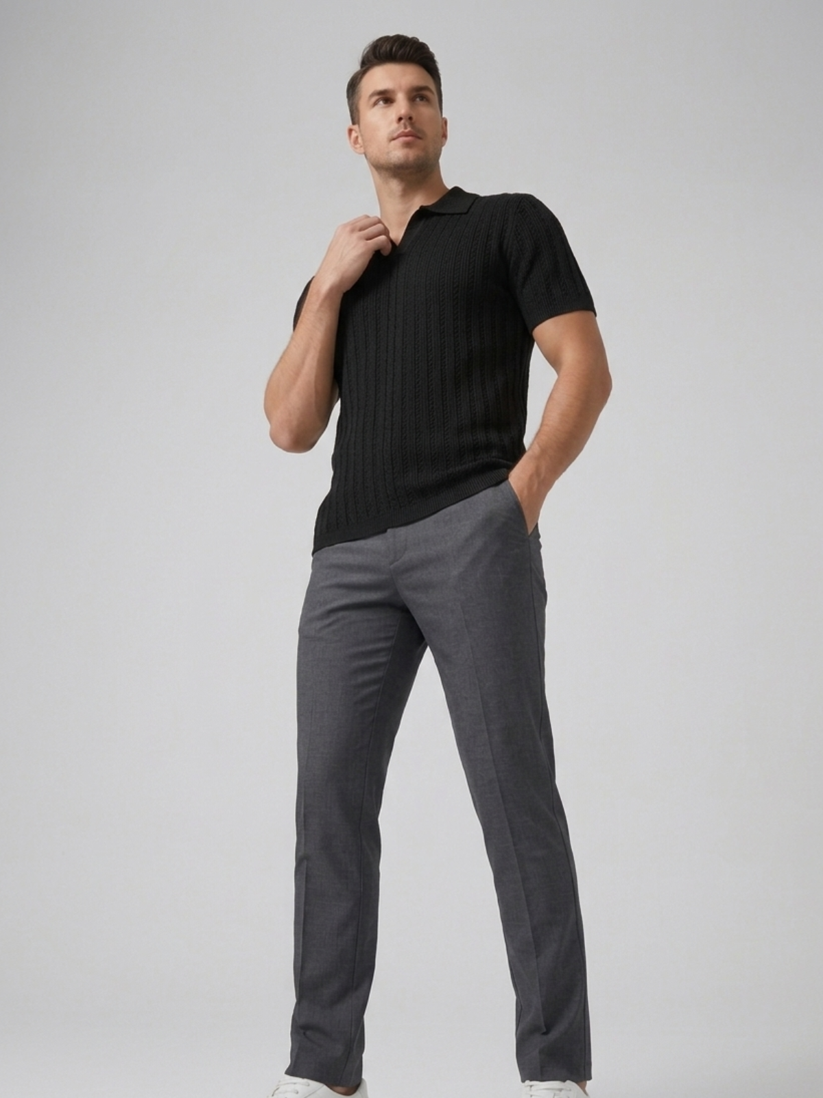 Swanah Men's Premium Textured Knit Polo Shirt - Black