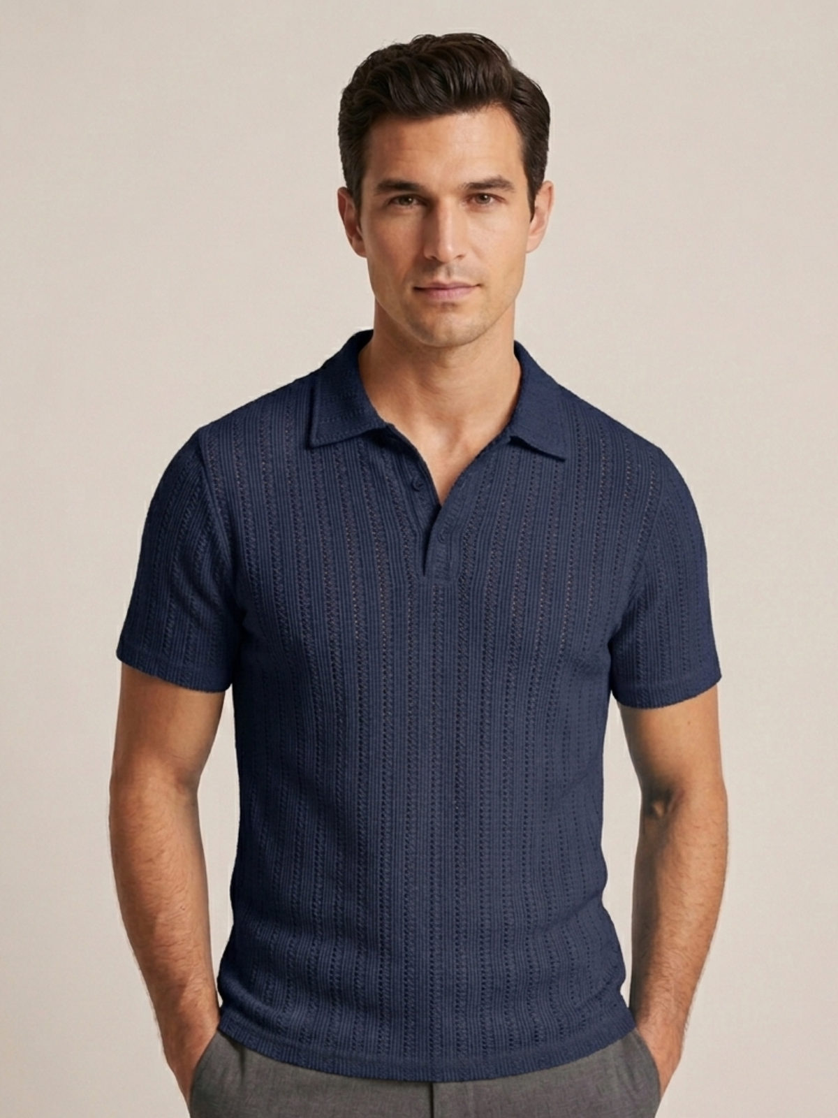 Swanah Men's Premium Textured Knit Polo Shirt - Navy Blue