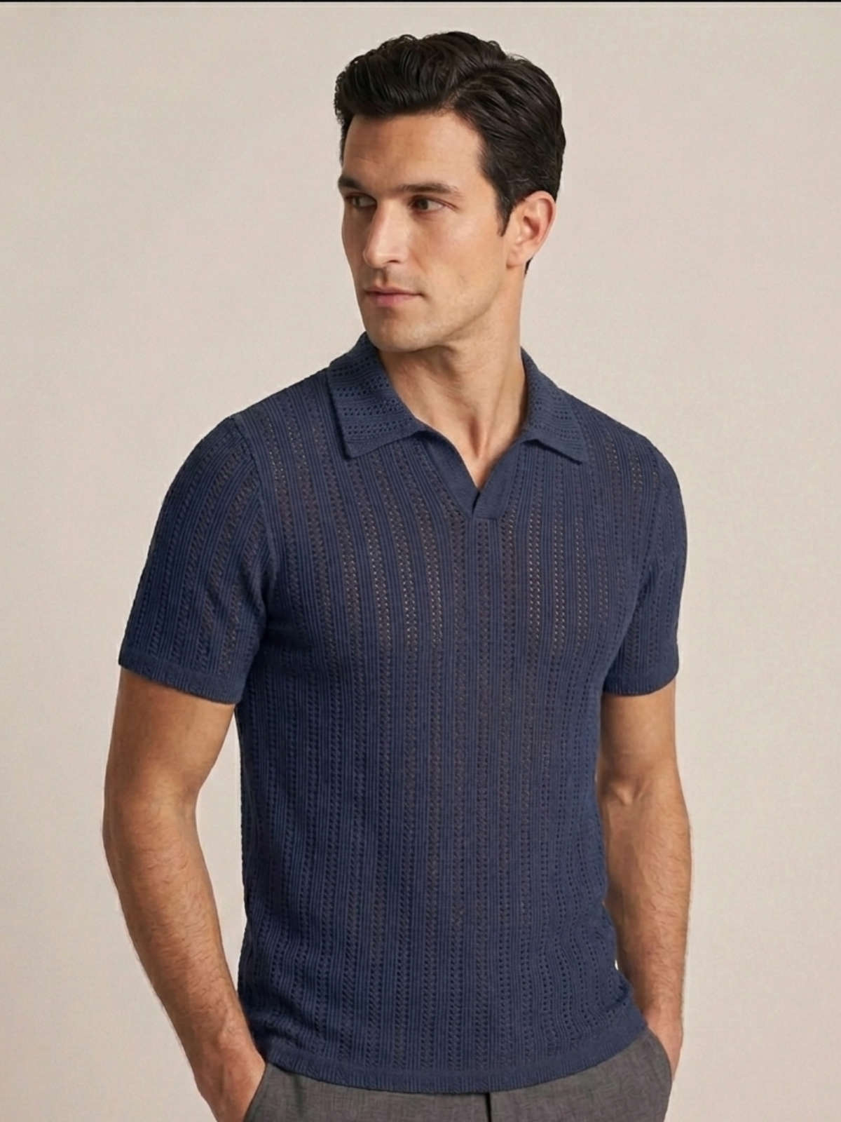 Swanah Men's Premium Textured Knit Polo Shirt - Navy Blue