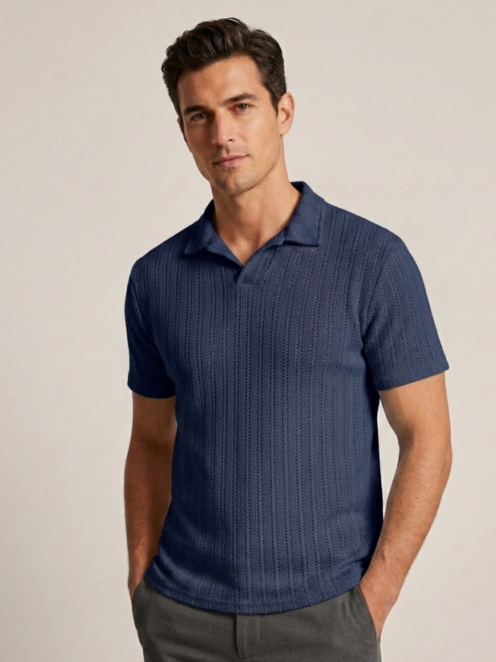 Swanah Men's Premium Textured Knit Polo Shirt - Navy Blue